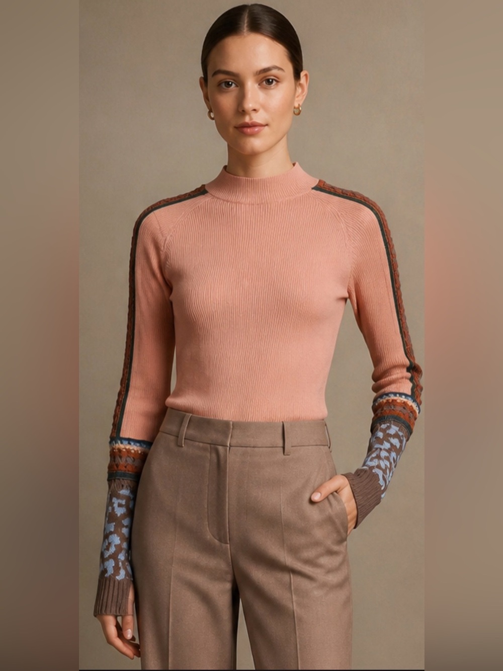 Boho Waffle Knit Mock Neck Top with Crochet Bell Sleeves Pink Women’s Size XS
